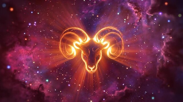 Majestic ram head radiates intense golden light, vibrant cosmic nebula backdrop. Powerful Aries symbol glows with energetic rays, portraying strength within celestial cosmos