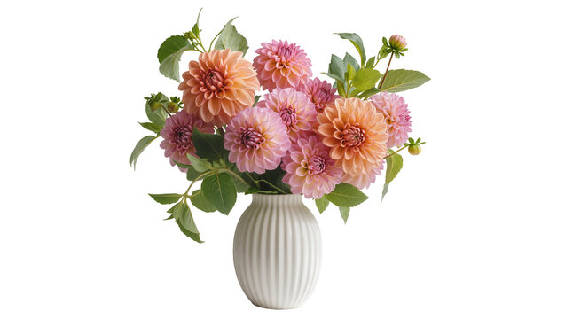 Pink orange dahlia flower bouquet in ribbed ceramic vase