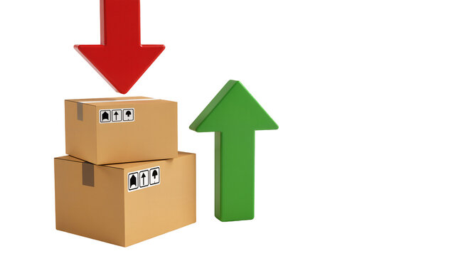 Stacked cardboard boxes with red down arrow and green up arrow