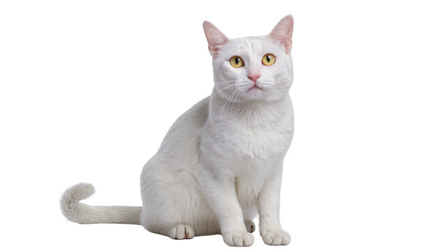 Pale white domestic cat sitting with yellow eyes and pink nose