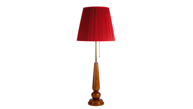 Vintage red pleated lampshade atop polished wooden lamp, featuring brass accents