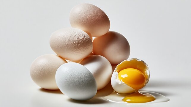 Fresh eggs stacked on a white surface with one cracked egg revealing a bright yellow yolk and egg white spilling out, showcasing various egg colors and textures