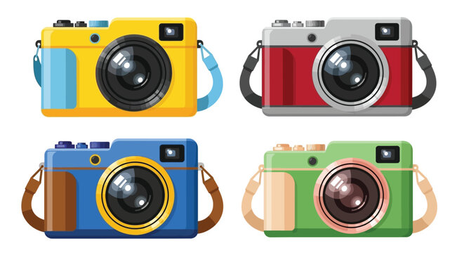 Four colorful vintage cameras arranged in a square grid illustration