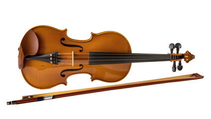 Fototapeta premium Classic varnished violin rests alongside a wooden bow, displaying intricate details