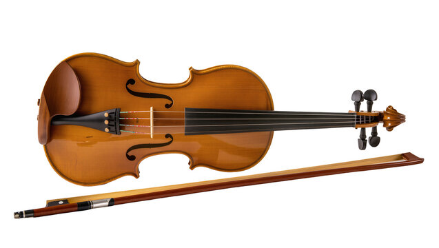 Classic varnished violin rests alongside a wooden bow, displaying intricate details