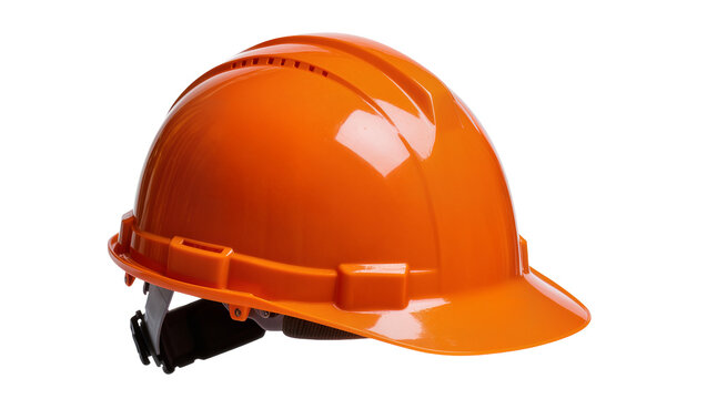 Bright orange construction helmet, featuring black chin strap and reflective visor