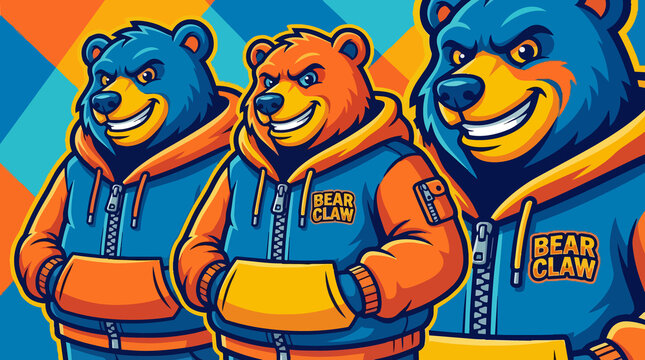 Three cartoon bears in hoodies.