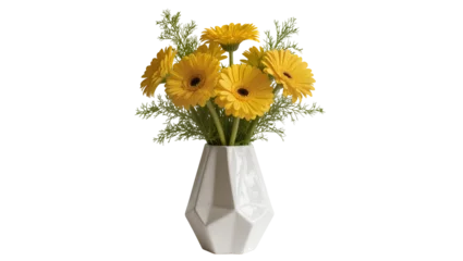 Fototapeten Gerbera Geometric ceramic vase holding vibrant yellow gerbera daisies, lush green foliage  © Lukas
