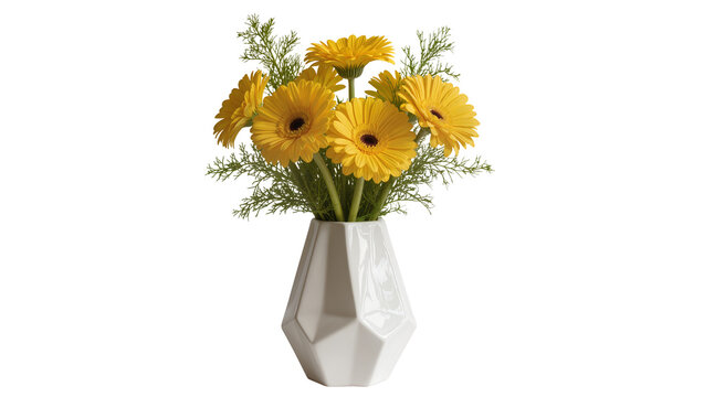 Geometric ceramic vase holding vibrant yellow gerbera daisies, lush green foliage