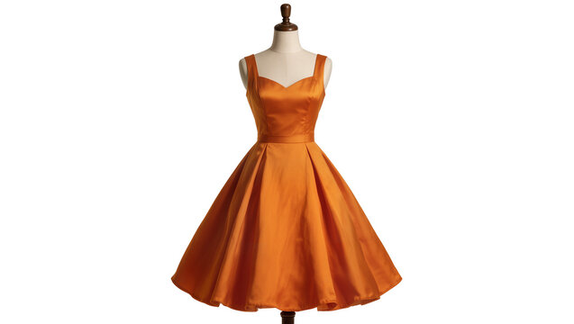 Orange satin fit-and-flare cocktail dress on mannequin