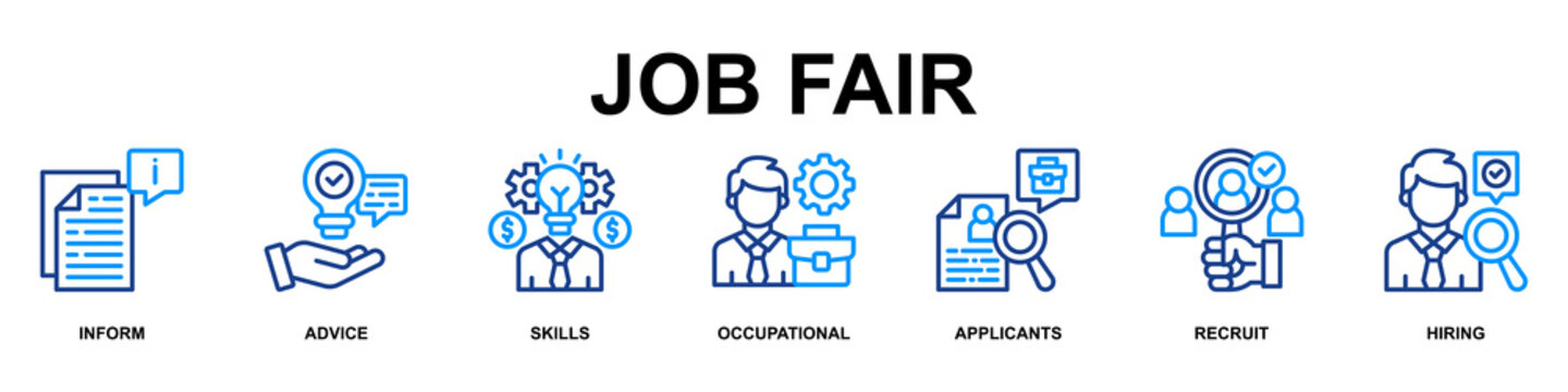 Job Fair Banner Web Line Color Icon Vector Illustration Concept for Business with Icons of Inform, Advice, Skills, Occupational, Applicants, Recruit and Hiring