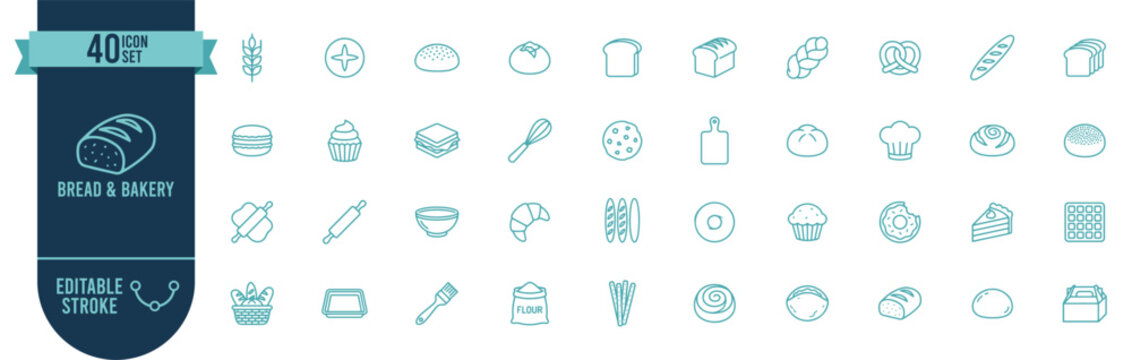 Bread and Bakery Icon Set with 40 Editable Stroke Vector Icons for Baked Goods, Pastry and Food Industry