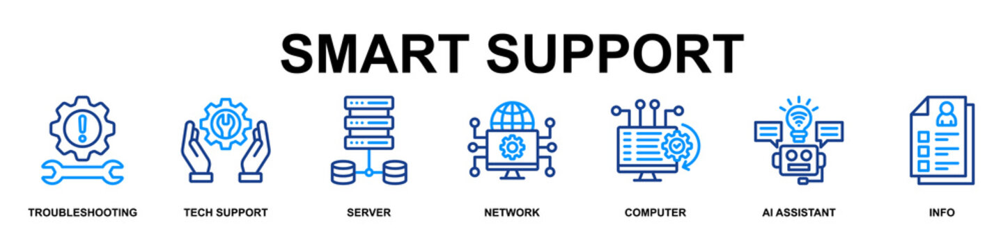Smart Support Web Icon Vector Illustration Concept for Technology with Icons of Troubleshooting, Tech Support, Server, Network, Computer, Ai Assistant and Info