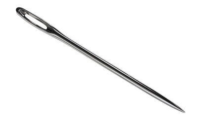 Sleek silver sewing needle, sharp point poised for fabric threading