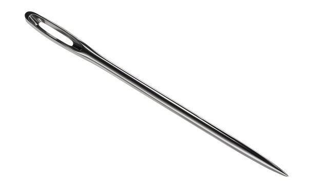Sleek silver sewing needle, sharp point poised for fabric threading