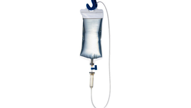 Blue medical IV bag with clear tubing clamp, and drip valve hanging