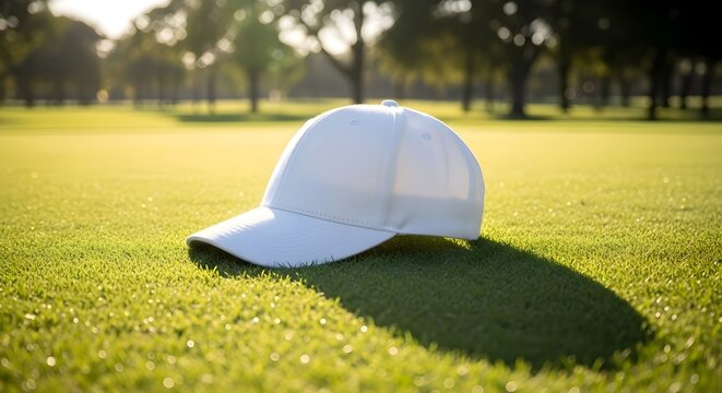 White baseball cap resting on a lush green golf course