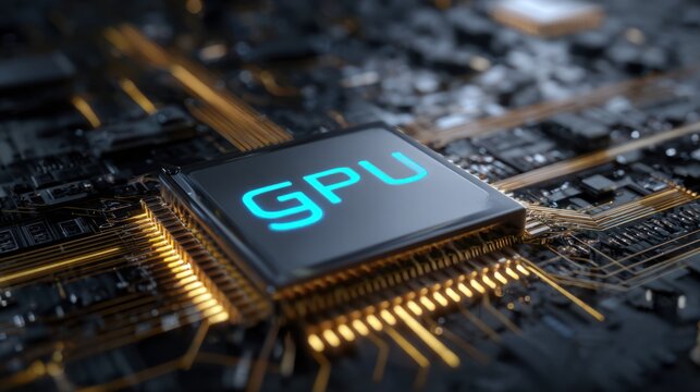 High-tech semiconductor gpu chip with illuminated blue text and golden connector pins on a dark electronic circuit board