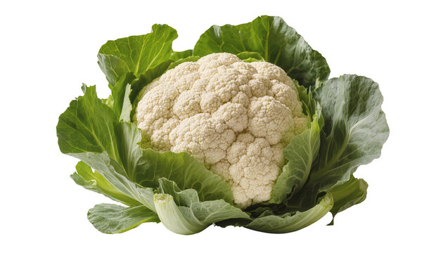 Fresh white cauliflower head with vibrant green leaves