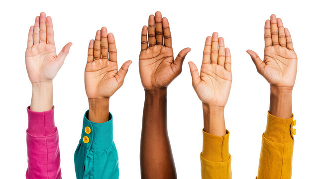 Diverse raised hands with colorful clothing and varying skin tones
