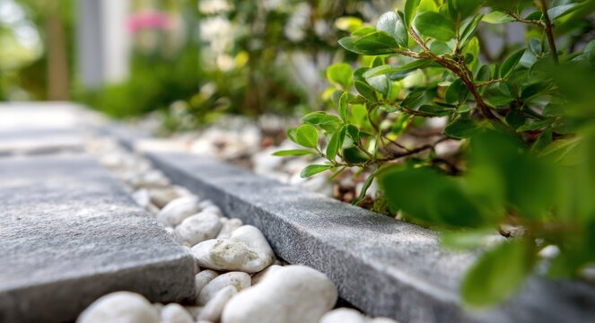 A concrete edge border in an urban garden with lush green foliage and decorative white stones