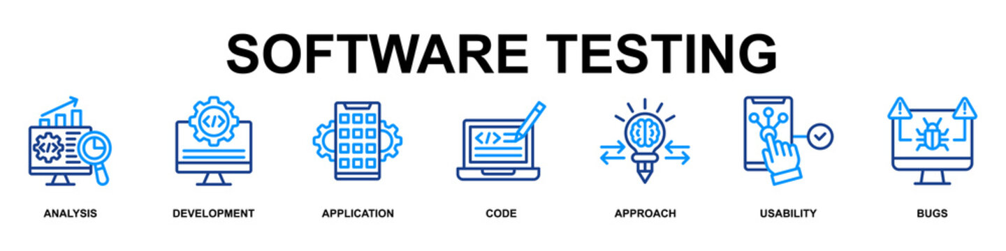 Software Testing Banner Web Icon Vector Illustration Concept for Technology with Icons of Analysis, Development, Application, Code, Approach, Usability and Bugs