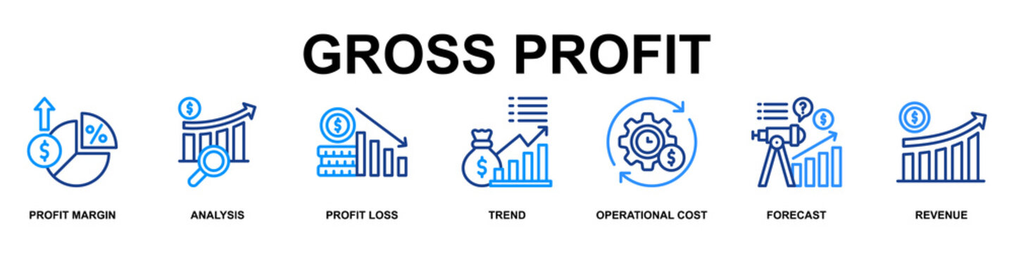 Gross Profit Banner Web Icon Vector Illustration Concept for Business with Icons of Profit Margin, Analysis , Profit Loss, Trend, Operational Cost, Forecast and Revenue