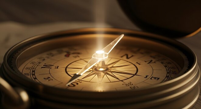Antique compass points north golden glow