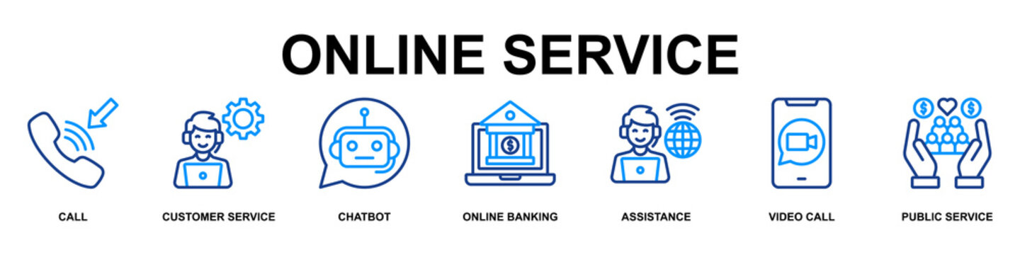 Online Service Banner Web Icon Vector Illustration Concept for Business with Icons of Call, Customer service, Chatbot, Online Banking, Assistance, Video Call and Public Service