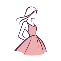 Logotipo de boutique de moda femenina. Dibujo sencillo con líneas de una chica joven de pie con un vestido color rosa, vista de perfil © teracreonte