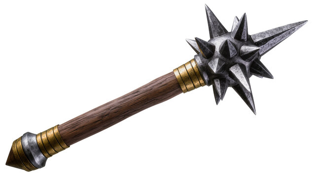 Medieval spiked mace with wooden handle and metal details