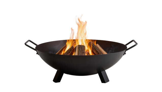 Round Black Firebowl with Burning Wood Logs and Flames