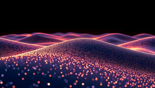 Futuristic digital sand dunes abstract background featuring glowing pink and orange particles flowing across a dark landscape for modern tech data visualization concepts