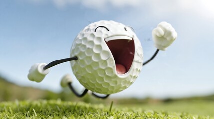 Obraz premium Cartoon golf ball character with arms and legs joyfully running across a green grass field under a bright blue sky with fluffy clouds in the background