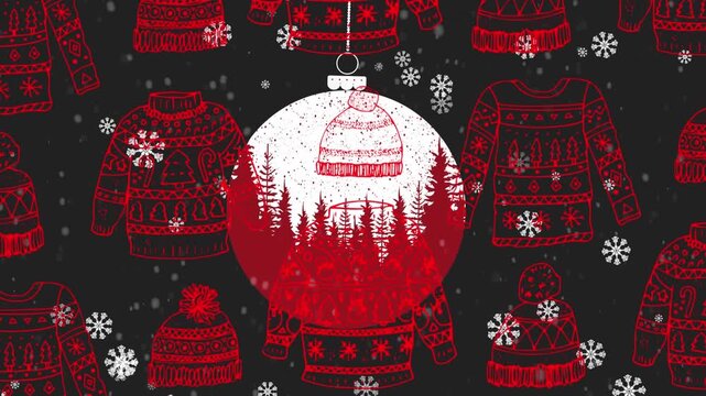 Snowflakes over hanging bauble against christmas sweater in seamless pattern on black background