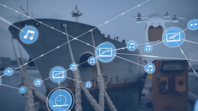 Network of digital icons and drone carrying a delivery box against a ship in the sea