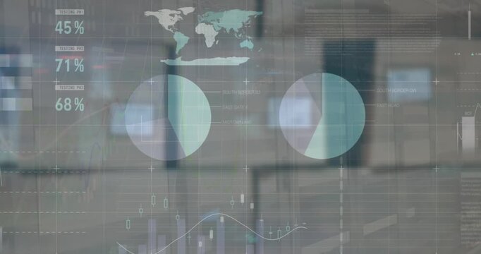 Animation of financial data and graphs over packages in warehouse