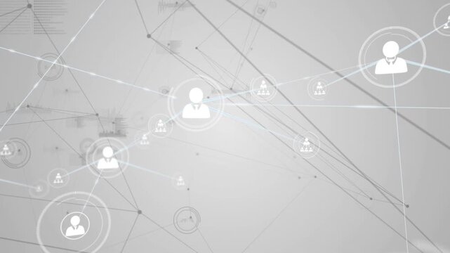 Animation of network of connections with icons over grey background with constellations