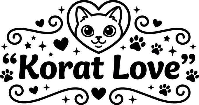 Black and white korat love cat face with paws and hearts vector art