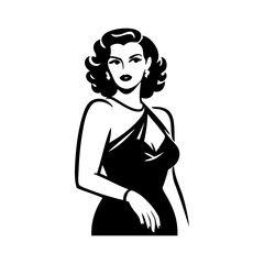 Logotipo boutique de moda. Dibujo con líneas de una mujer con peinado y ropa estilo vintage mirando de frente  © teracreonte