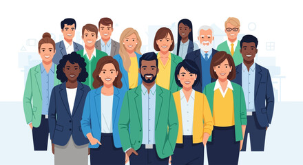 Obraz premium This flat design illustration captures a diverse group of smiling professionals, highlighting the importance of diversity and inclusion within the workforce on International Workers' Day.