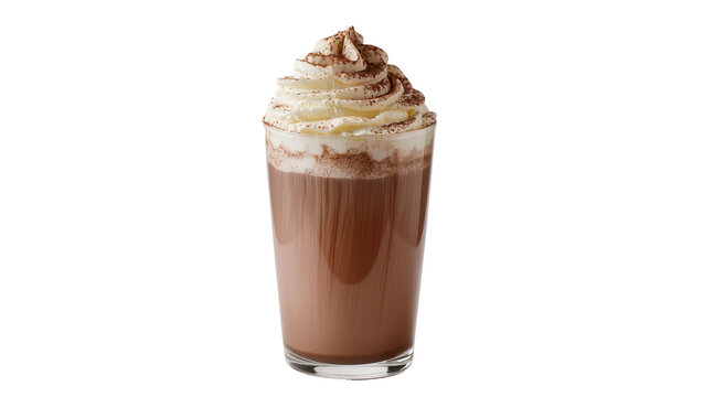 Chocolate beverage in glass topped with whipped cream and cocoa powder