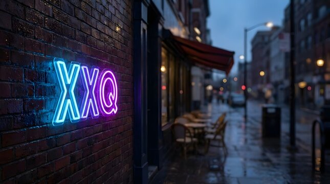 Bright blue and purple neon sign displaying "xxq" illuminates a dark brick wall on a wet city street at dusk, with blurred cafe tables and distant streetlights adding to the urban ambiance.