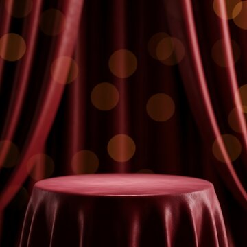Luxury round table with red tablecloth festive bokeh background 3d render.