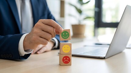 Fototapeta premium Businessman is carefully arranging wooden blocks with emoji faces, symbolizing the crucial assessment of customer satisfaction and overall service sentiment.