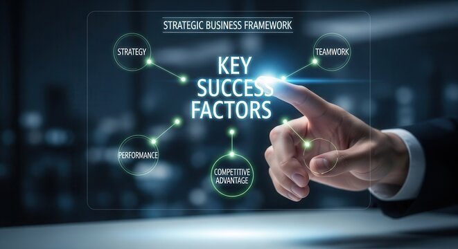 Key Success Factors, Strategic Business Framework. Touching a glowing labeled Key Success Factors within a digital interface, symbolizing strategy, teamwork, performance and competitive advantage