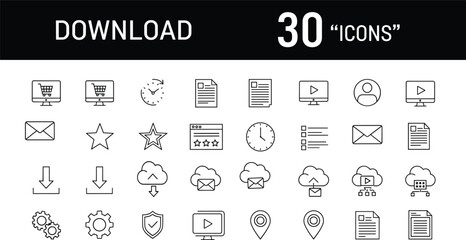 Fototapeta premium Collection of thirty blue outline vector web icons for user interface design, including cloud, mail, security, settings, and multimedia elements.
