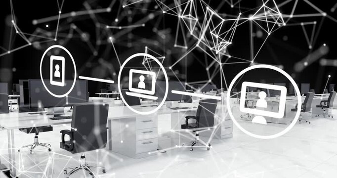 Animation of media icons and communication network over chairs and tables in empty office