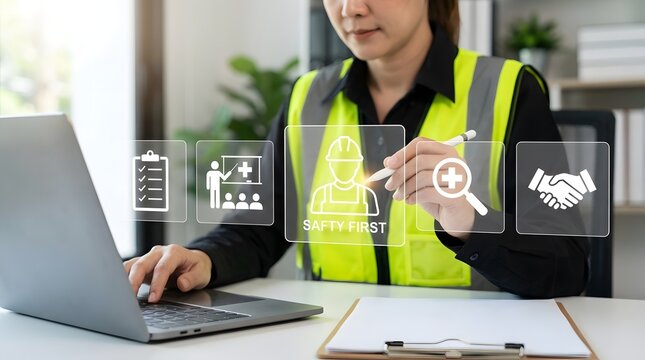 Safety officer reviewing workplace hazard protection dashboard with compliance, risk management, and industrial safety analysis