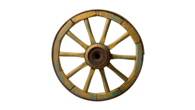 Vintage weathered wooden wagon wheel with eight spokes and metal hub